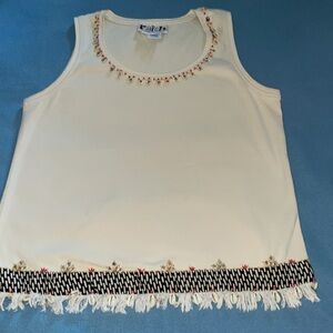 Faith by Celia Fortester cream-colored tank top w/shells, beads, fringe trim